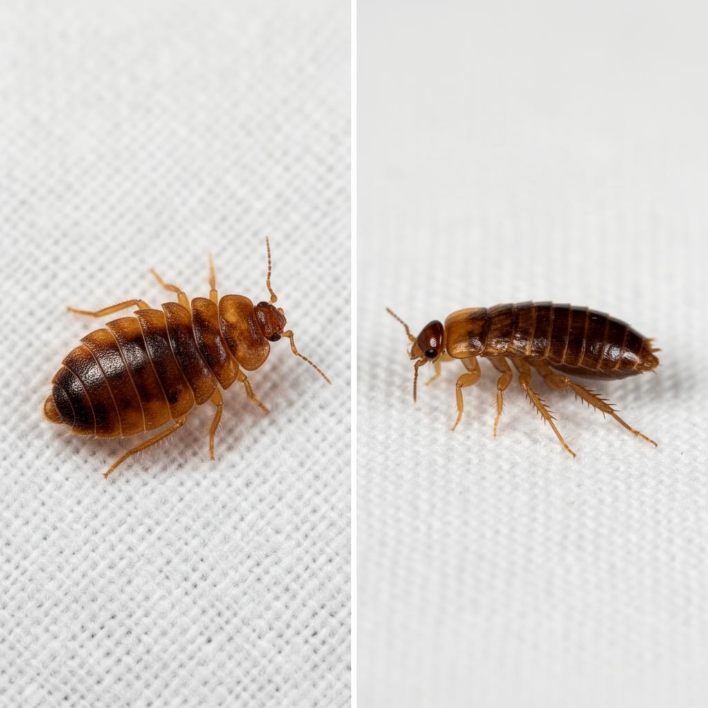 Bed bug versus flea comparison close-up photograph