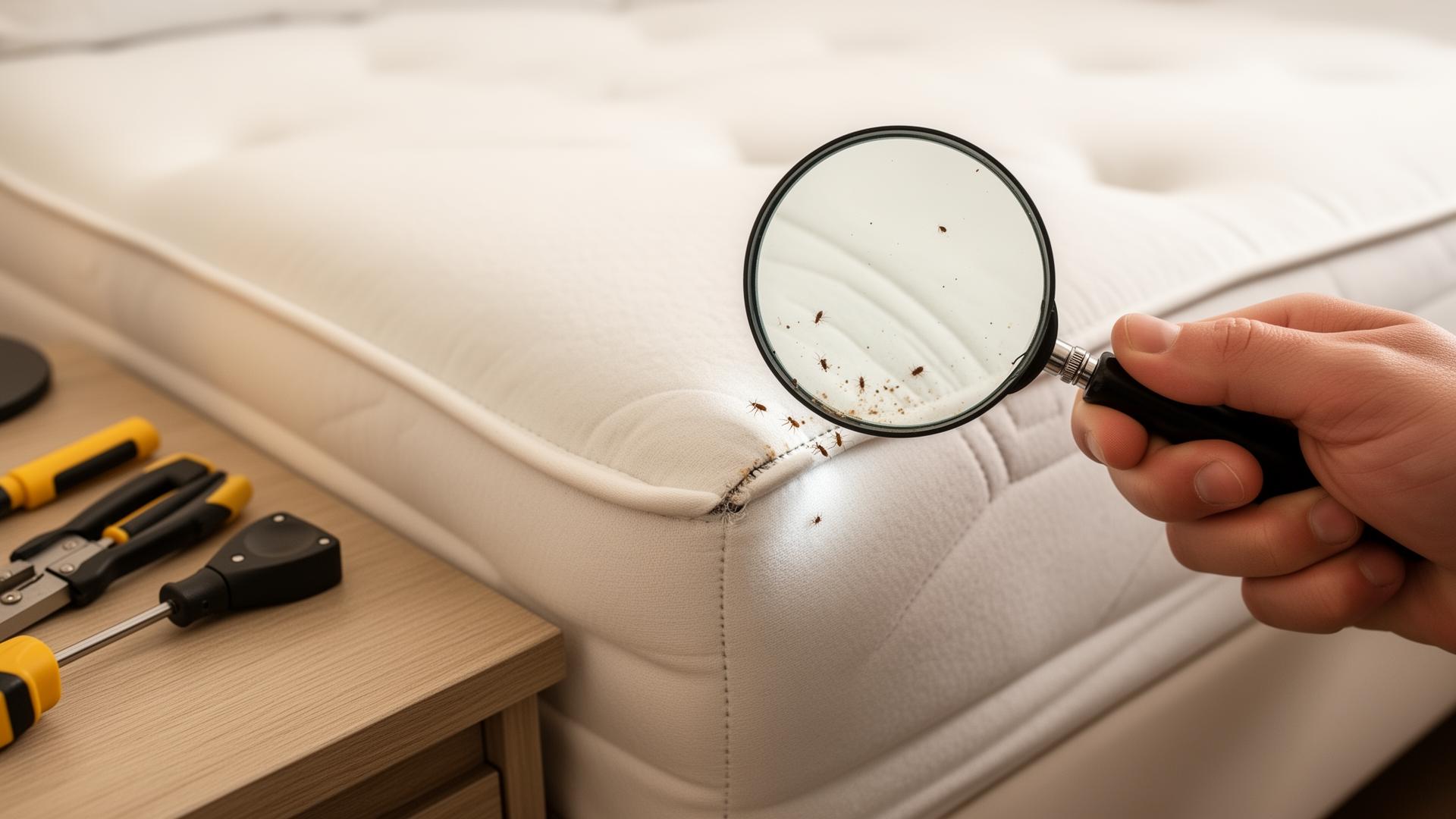 Professional bed bug inspection of a mattress seam using magnifying glass in Leicester