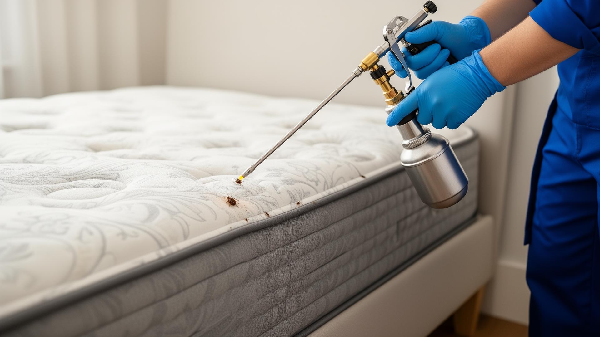 Professional bed bug spray treatment being applied to a mattress seam using specialist pump equipment in a Leicester home